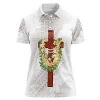 Hawaii Ka Pule a ka Haku Memorial Women Polo Shirt Flower Lei Cross - Ivory White LT7 Female Ivory - Polynesian Pride