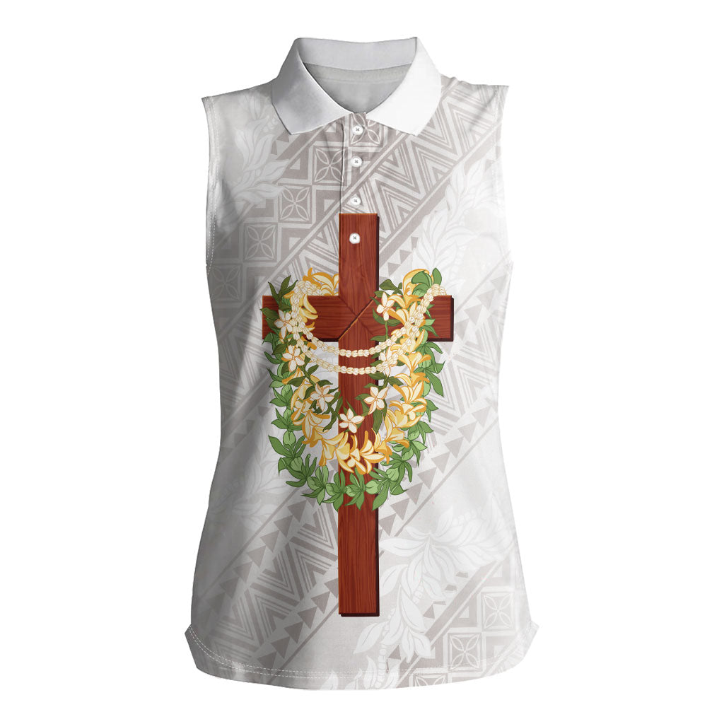 Hawaii Ka Pule a ka Haku Memorial Women Sleeveless Polo Shirt Flower Lei Cross - Ivory White LT7 Female Ivory - Polynesian Pride