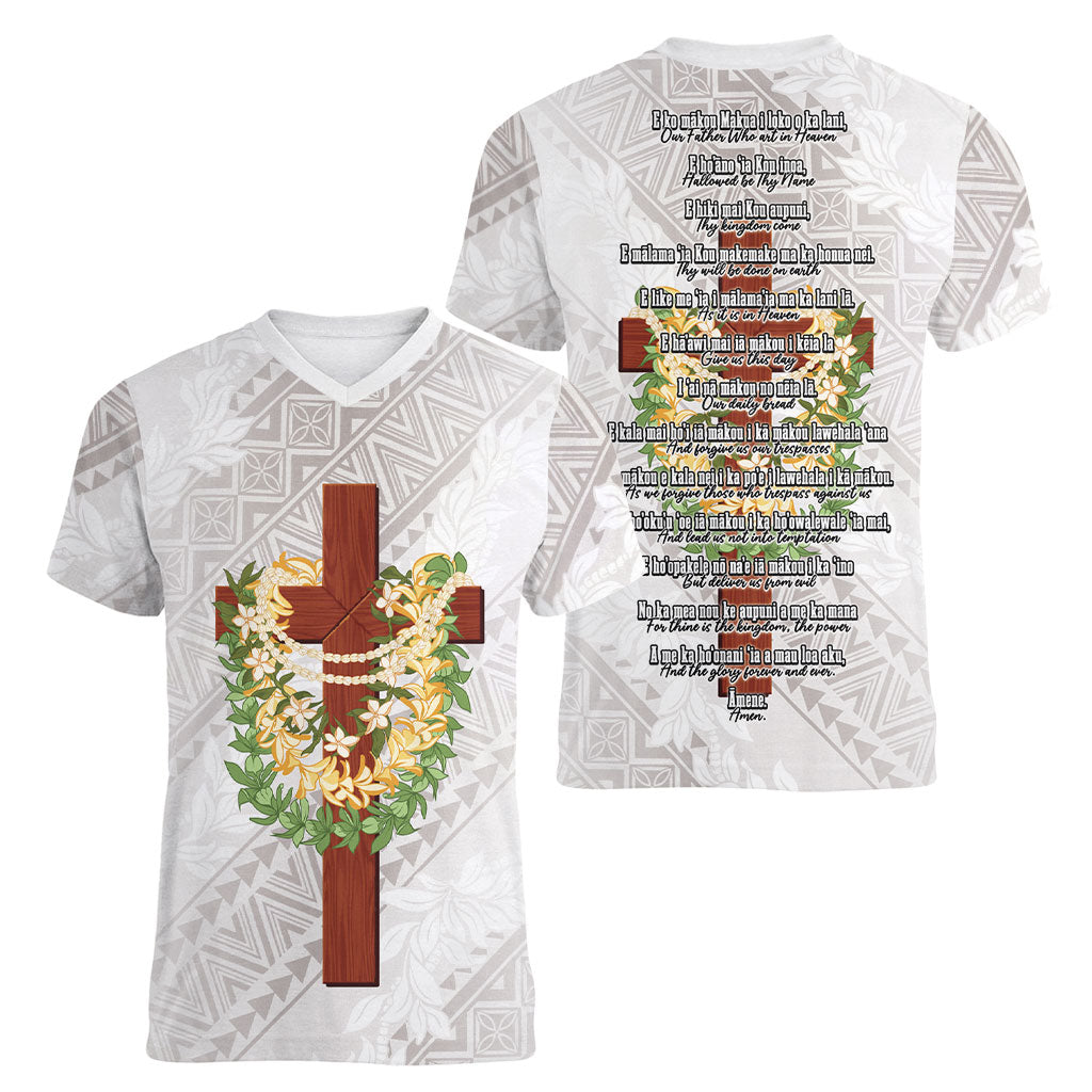 Hawaii Ka Pule a ka Haku Memorial Women V-Neck T-Shirt Flower Lei Cross - Ivory White LT7 - Polynesian Pride
