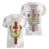Hawaii Ka Pule a ka Haku Memorial Women V-Neck T-Shirt Flower Lei Cross - Ivory White LT7 - Polynesian Pride