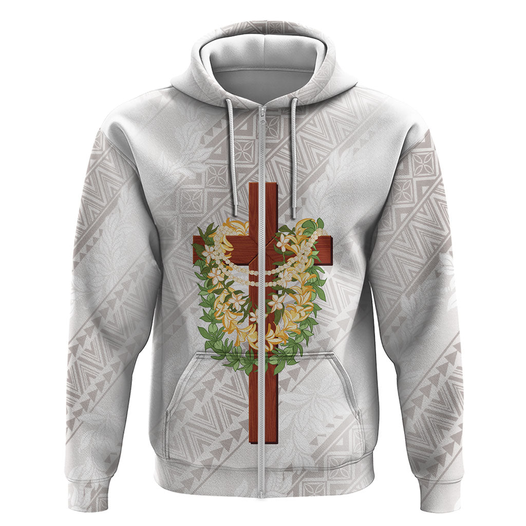Hawaii Ka Pule a ka Haku Memorial Zip Hoodie Flower Lei Cross - Ivory White LT7 Zip Hoodie Ivory - Polynesian Pride