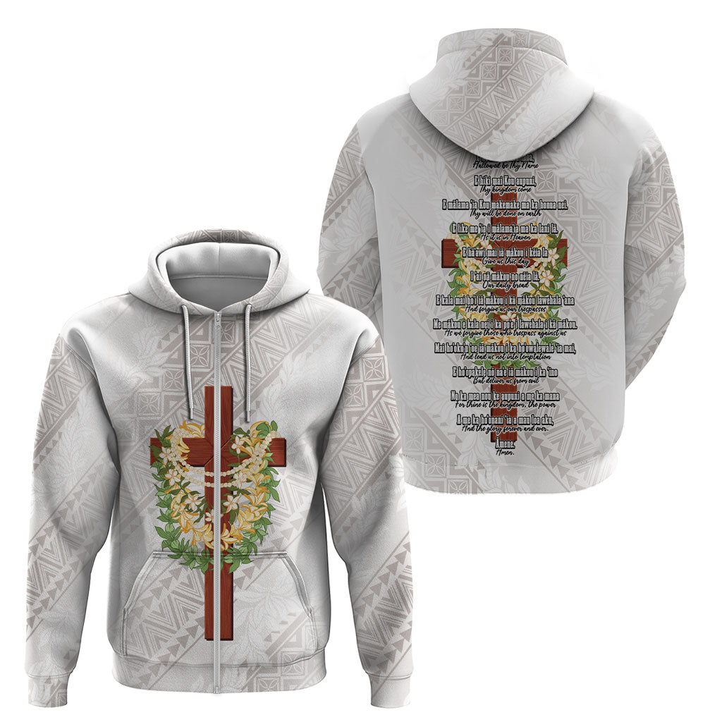 Hawaii Ka Pule a ka Haku Memorial Zip Hoodie Flower Lei Cross - Ivory White LT7 - Polynesian Pride