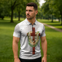 Hawaii Ka Pule a ka Haku Memorial Zipper Polo Shirt Flower Lei Cross - Ivory White LT7 - Polynesian Pride