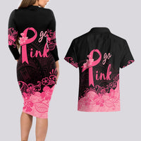 Polynesian Couples Matching Long Sleeve Bodycon Dress and Hawaiian Shirt Plumeria Breast Cancer Awareness Survivor Ribbon Pink LT7 - Polynesian Pride