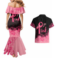 Polynesian Couples Matching Mermaid Dress and Hawaiian Shirt Plumeria Breast Cancer Awareness Survivor Ribbon Pink LT7 - Polynesian Pride