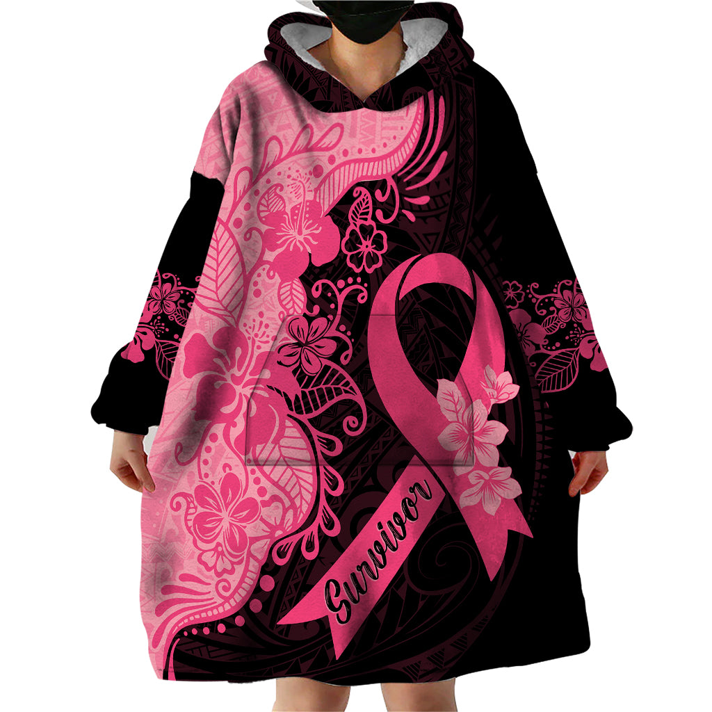 Polynesian Wearable Blanket Hoodie Plumeria Breast Cancer Awareness Survivor Ribbon Pink LT7 - Polynesian Pride