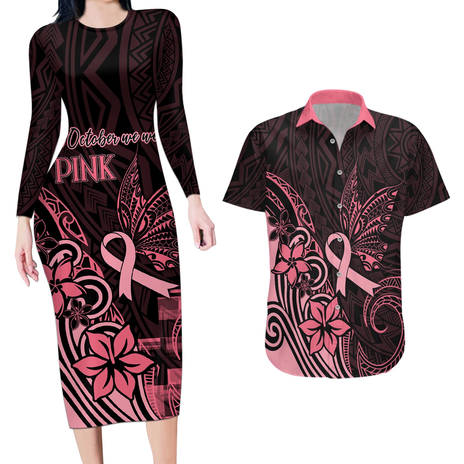 Polynesian Couples Matching Long Sleeve Bodycon Dress and Hawaiian Shirt Breast Cancer RIbbon Butterfly Mix Plumeria Curves Pink LT7 Black Pink - Polynesian Pride