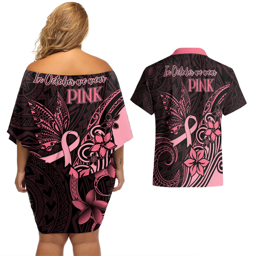 Polynesian Couples Matching Off Shoulder Short Dress and Hawaiian Shirt Breast Cancer RIbbon Butterfly Mix Plumeria Curves Pink LT7 - Polynesian Pride