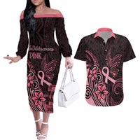 Polynesian Couples Matching Off The Shoulder Long Sleeve Dress and Hawaiian Shirt Breast Cancer RIbbon Butterfly Mix Plumeria Curves Pink LT7 Black Pink - Polynesian Pride