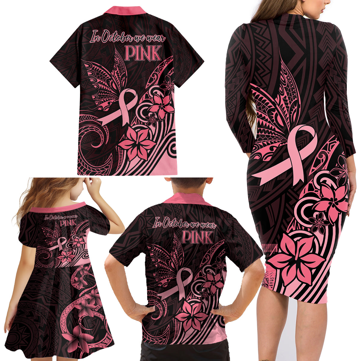 Polynesian Family Matching Long Sleeve Bodycon Dress and Hawaiian Shirt Breast Cancer RIbbon Butterfly Mix Plumeria Curves Pink LT7 - Polynesian Pride