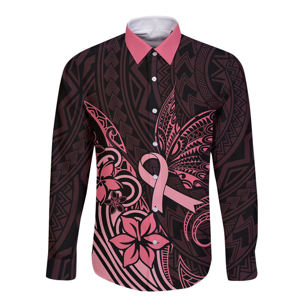 Polynesian Long Sleeve Button Shirt Breast Cancer RIbbon Butterfly Mix Plumeria Curves Pink LT7 Unisex Black Pink - Polynesian Pride