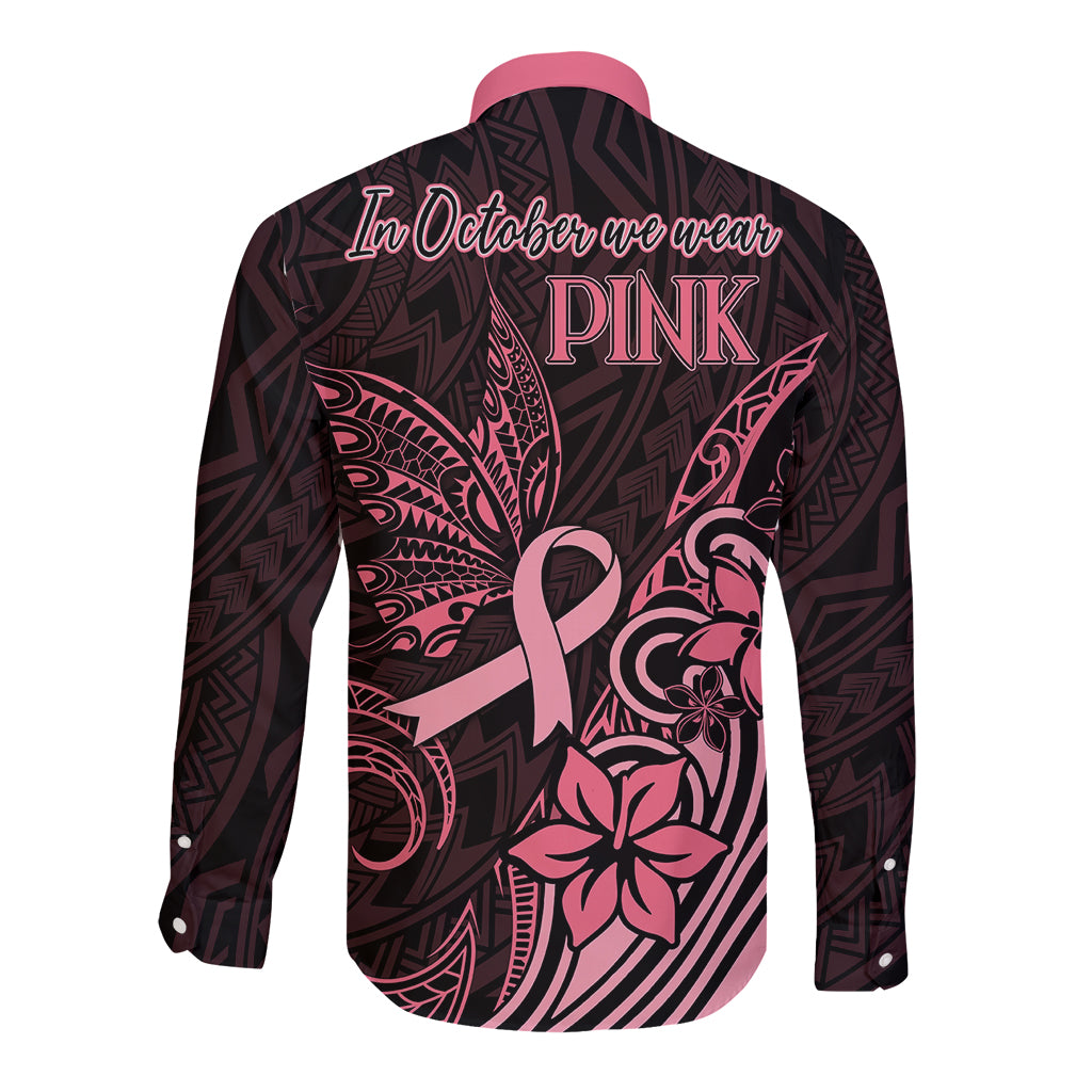 Polynesian Long Sleeve Button Shirt Breast Cancer RIbbon Butterfly Mix Plumeria Curves Pink LT7 - Polynesian Pride