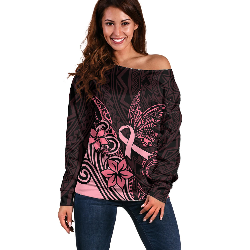Polynesian Off Shoulder Sweater Breast Cancer RIbbon Butterfly Mix Plumeria Curves Pink LT7 Women Black Pink - Polynesian Pride