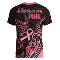 Polynesian Women V Neck T Shirt Breast Cancer RIbbon Butterfly Mix Plumeria Curves Pink LT7 - Polynesian Pride