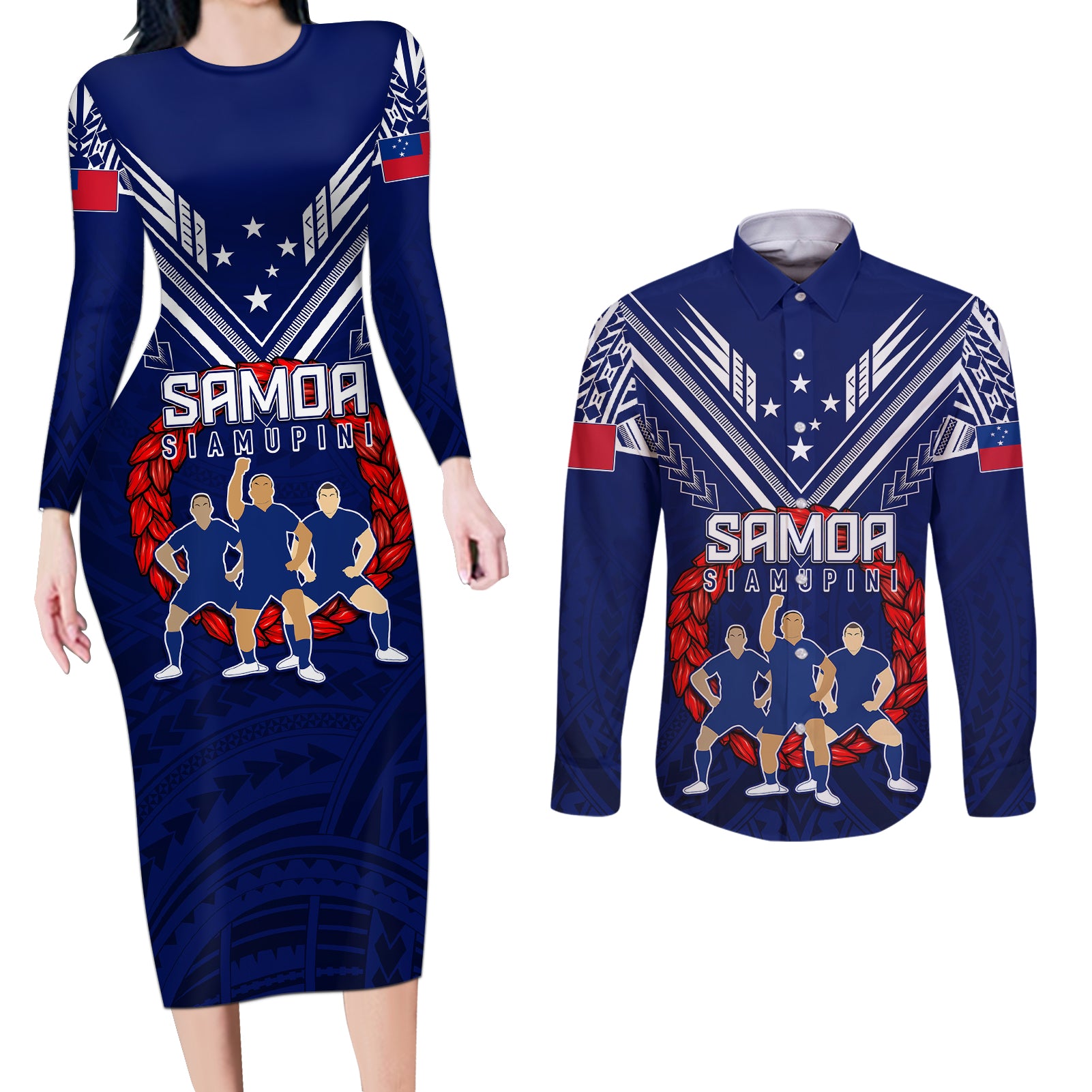 Personalised Samoa Rugby Couples Matching Long Sleeve Bodycon Dress and Long Sleeve Button Shirts World Cup 2023 Siamupini Siva Tau LT7 Blue - Polynesian Pride