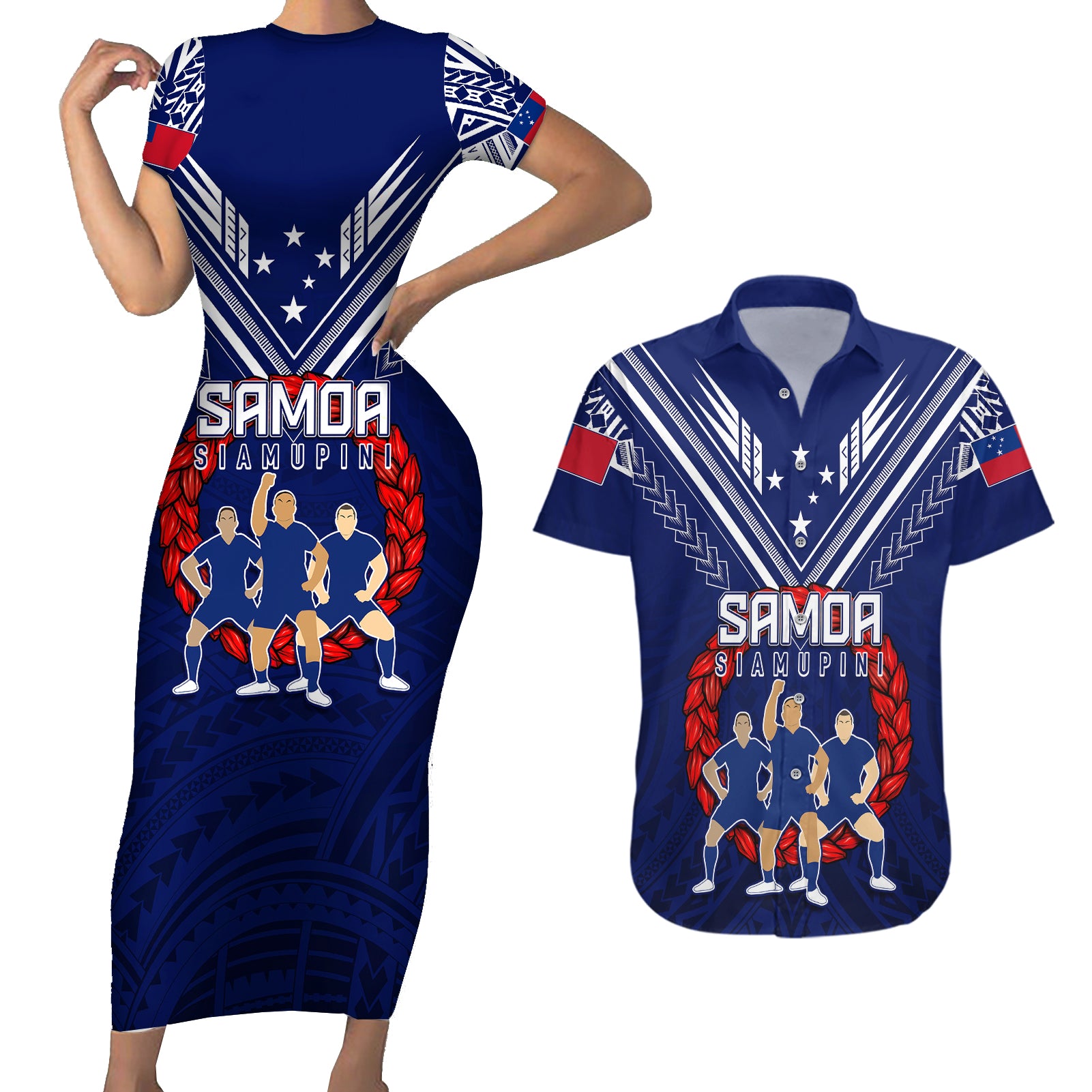 Personalised Samoa Rugby Couples Matching Short Sleeve Bodycon Dress and Hawaiian Shirt World Cup 2023 Siamupini Siva Tau LT7 Blue - Polynesian Pride