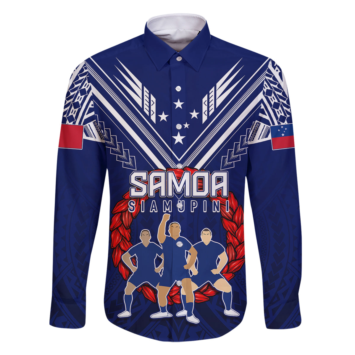 Personalised Samoa Rugby Family Matching Long Sleeve Bodycon Dress and Hawaiian Shirt World Cup 2023 Siamupini Siva Tau LT7 Dad's Shirt - Long Sleeve Blue - Polynesian Pride