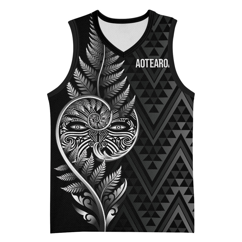 New Zealand Ta Moko Silver Fern Basketball Jersey Taniko Taniwha Motifs