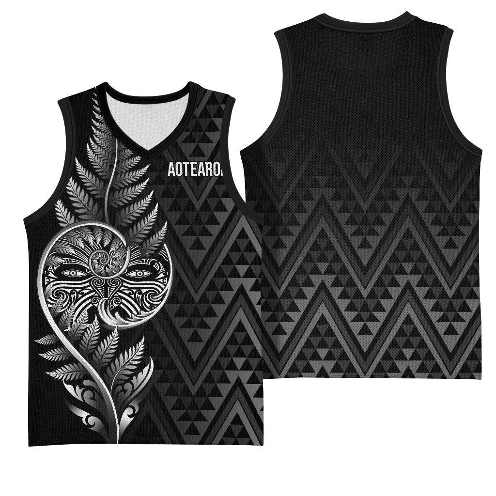 New Zealand Ta Moko Silver Fern Basketball Jersey Taniko Taniwha Motifs