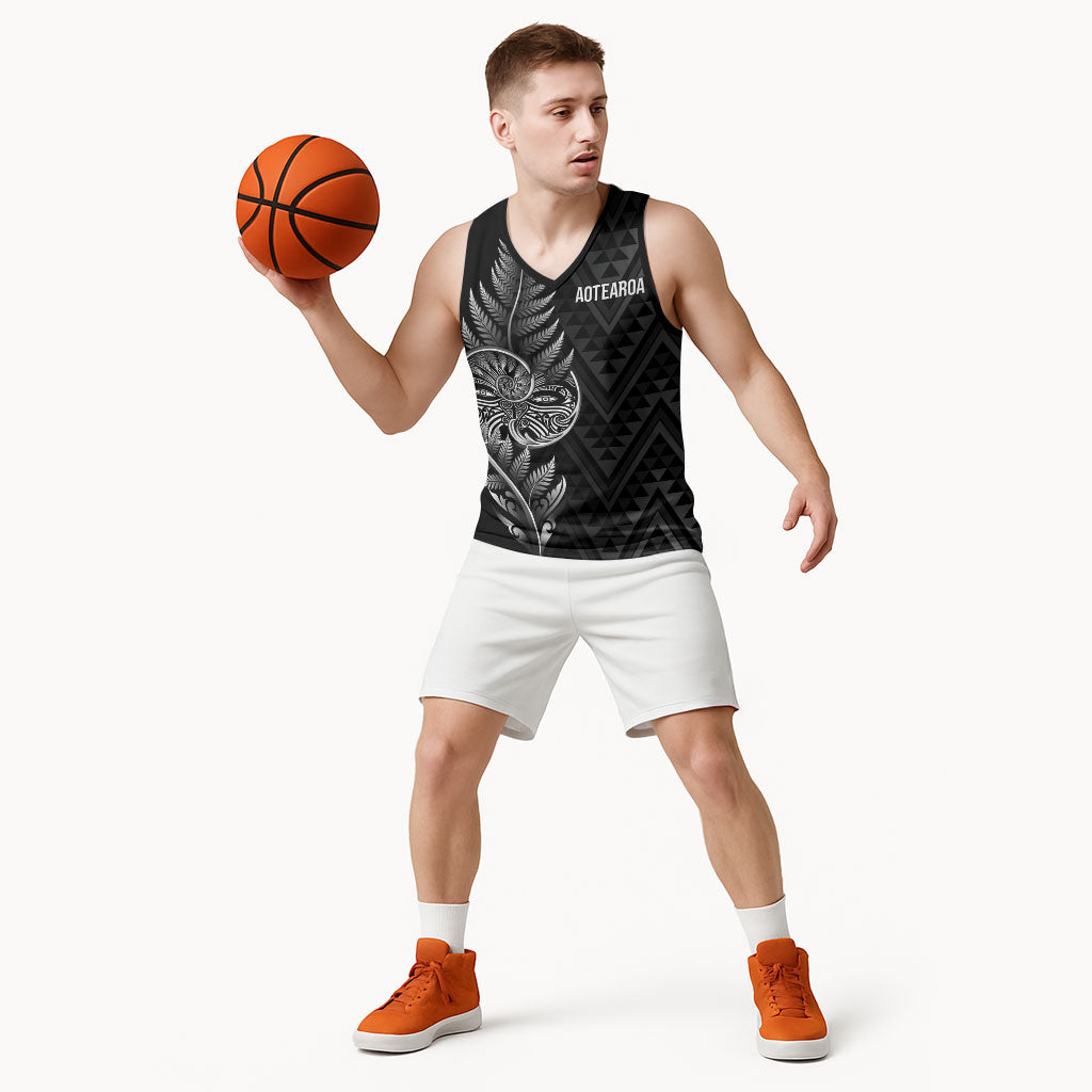 New Zealand Ta Moko Silver Fern Basketball Jersey Taniko Taniwha Motifs