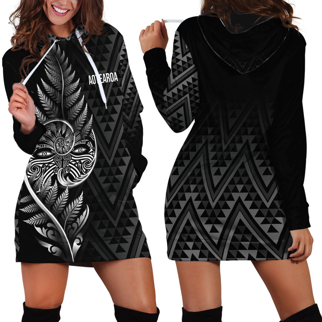 New Zealand Ta Moko Silver Fern Hoodie Dress Taniko Taniwha Motifs