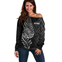 New Zealand Ta Moko Silver Fern Off Shoulder Sweater Taniko Taniwha Motifs