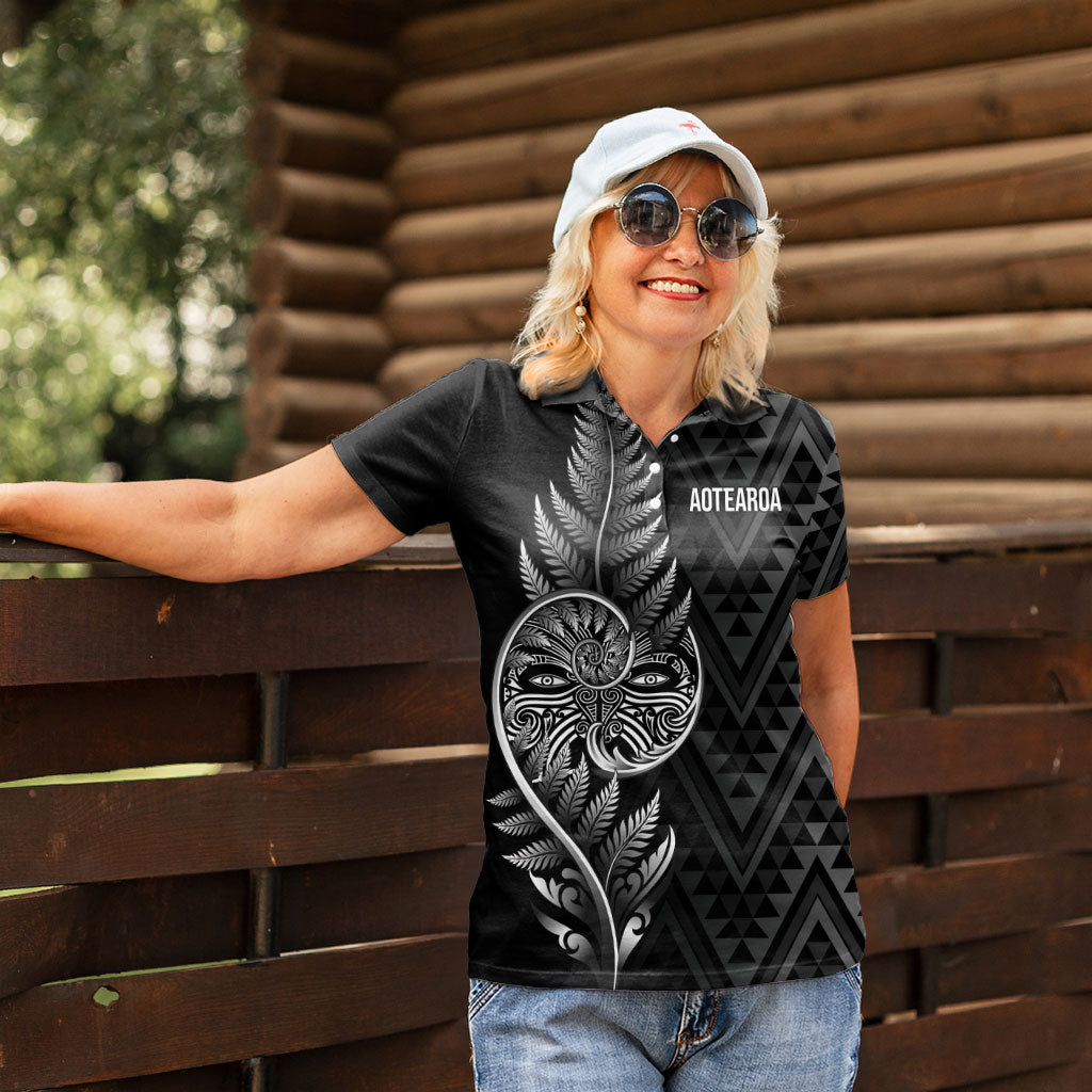 New Zealand Ta Moko Silver Fern Women Polo Shirt Taniko Taniwha Motifs