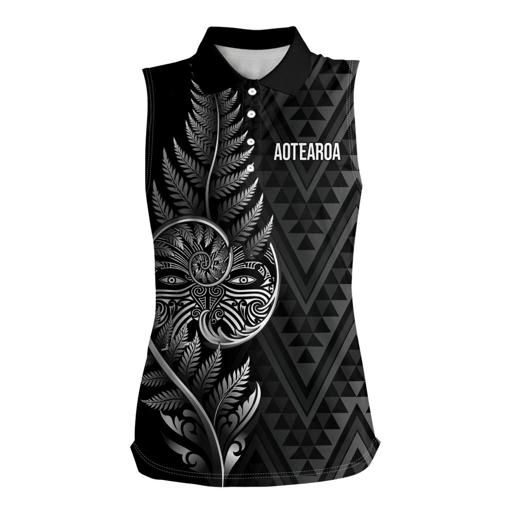 New Zealand Ta Moko Silver Fern Women Sleeveless Polo Shirt Taniko Taniwha Motifs
