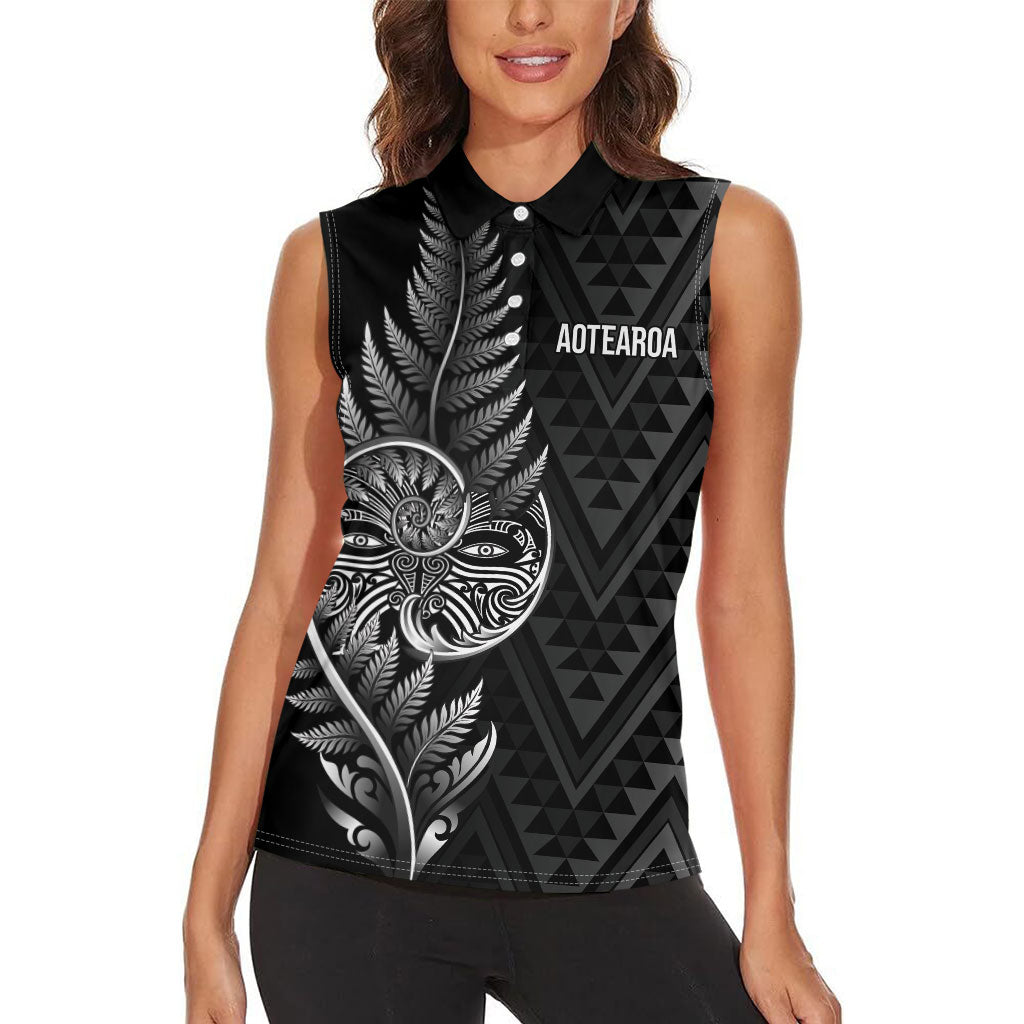 New Zealand Ta Moko Silver Fern Women Sleeveless Polo Shirt Taniko Taniwha Motifs