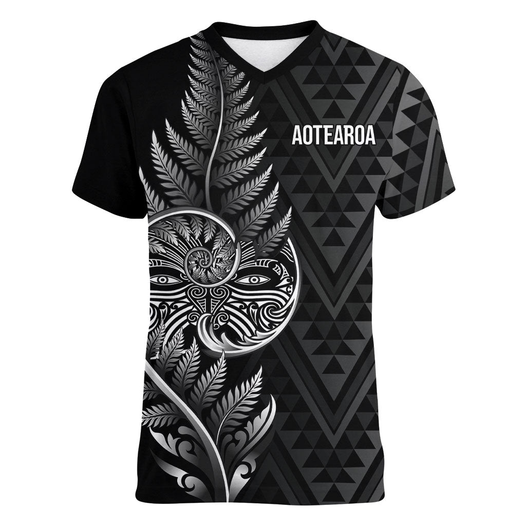 New Zealand Ta Moko Silver Fern Women V-Neck T-Shirt Taniko Taniwha Motifs