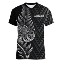 New Zealand Ta Moko Silver Fern Women V-Neck T-Shirt Taniko Taniwha Motifs