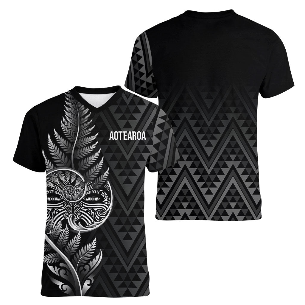 New Zealand Ta Moko Silver Fern Women V-Neck T-Shirt Taniko Taniwha Motifs