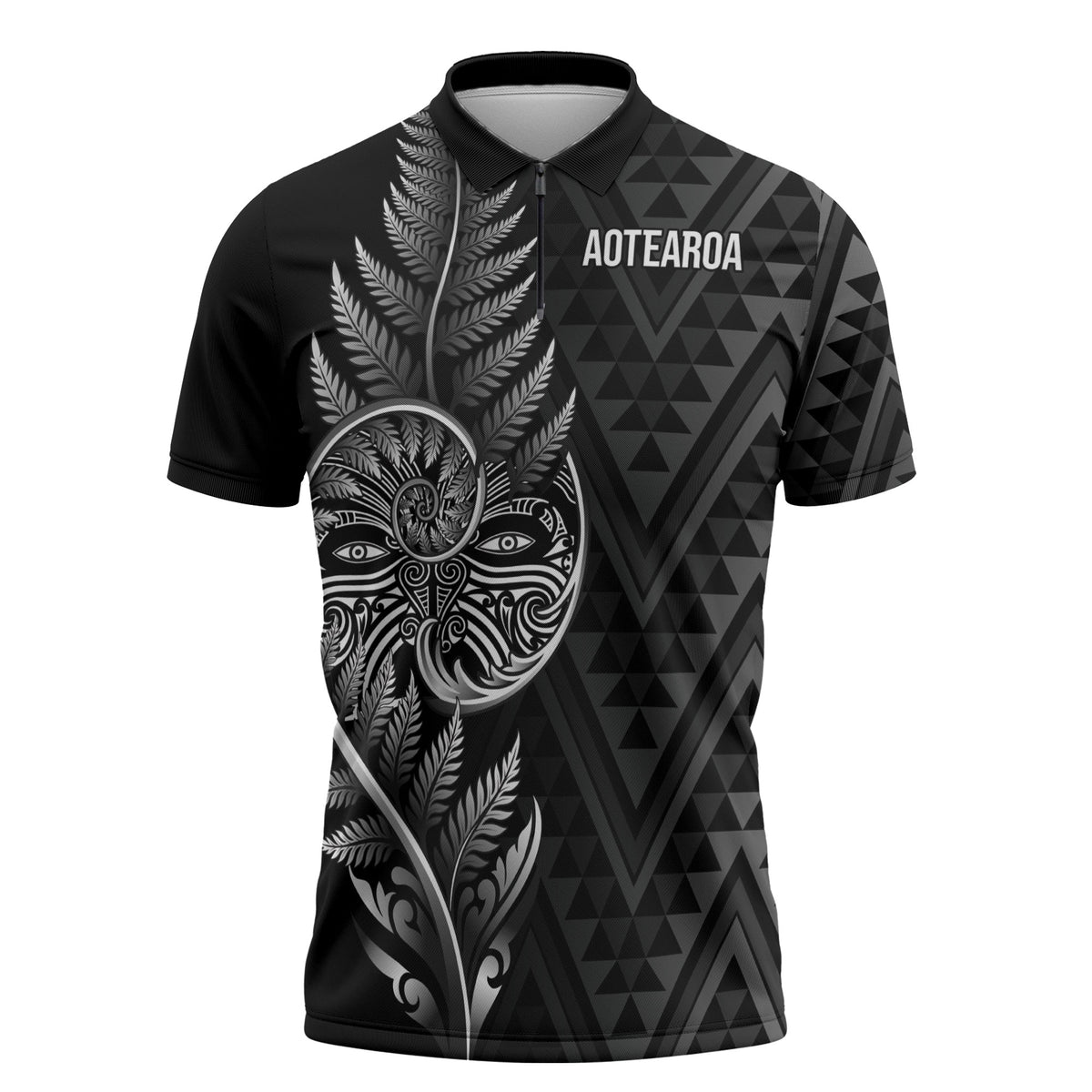 New Zealand Ta Moko Silver Fern Zipper Polo Shirt Taniko Taniwha Motifs