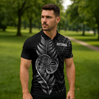 New Zealand Ta Moko Silver Fern Zipper Polo Shirt Taniko Taniwha Motifs