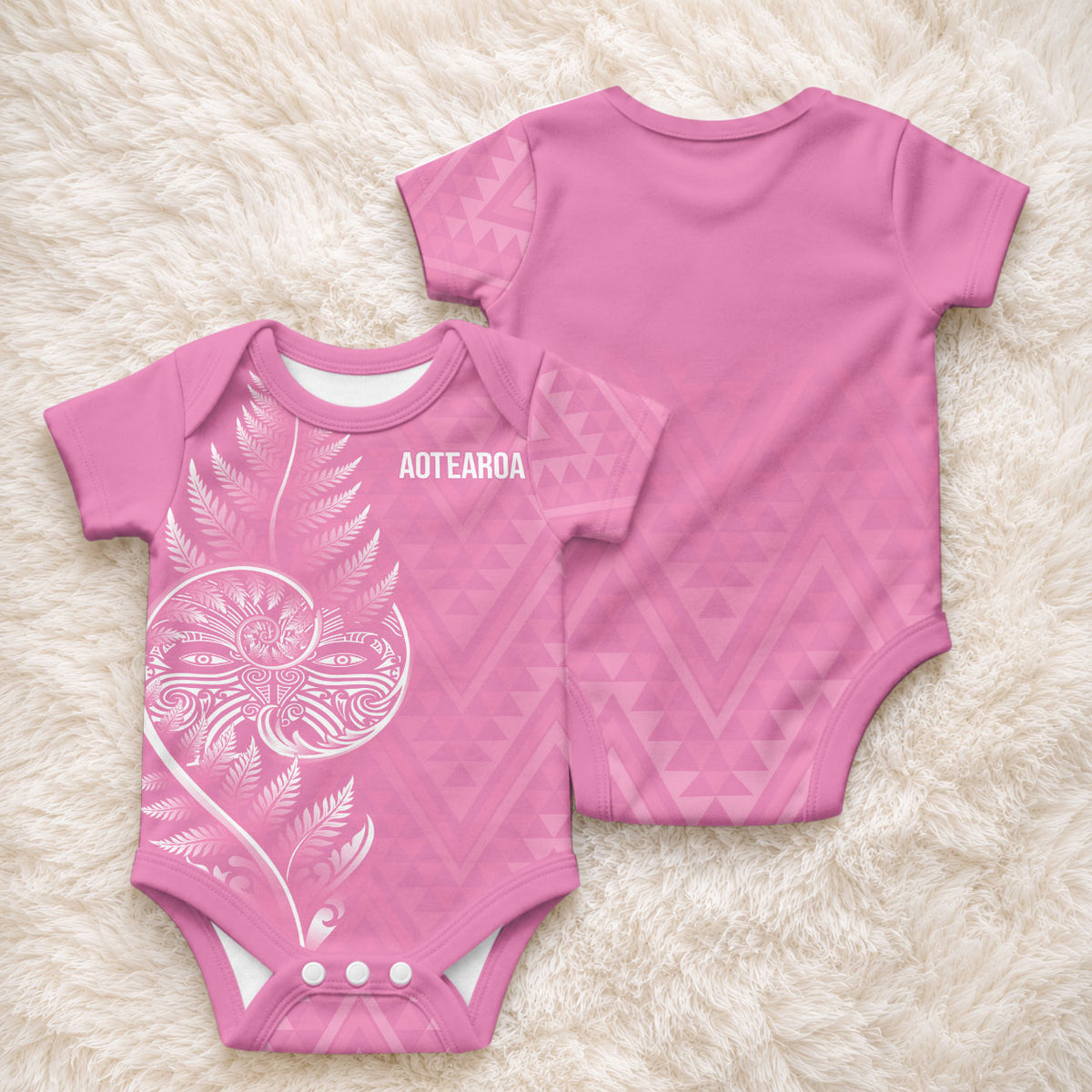 New Zealand Ta Moko Silver Fern Pink Baby Onesie Taniko Taniwha Motifs