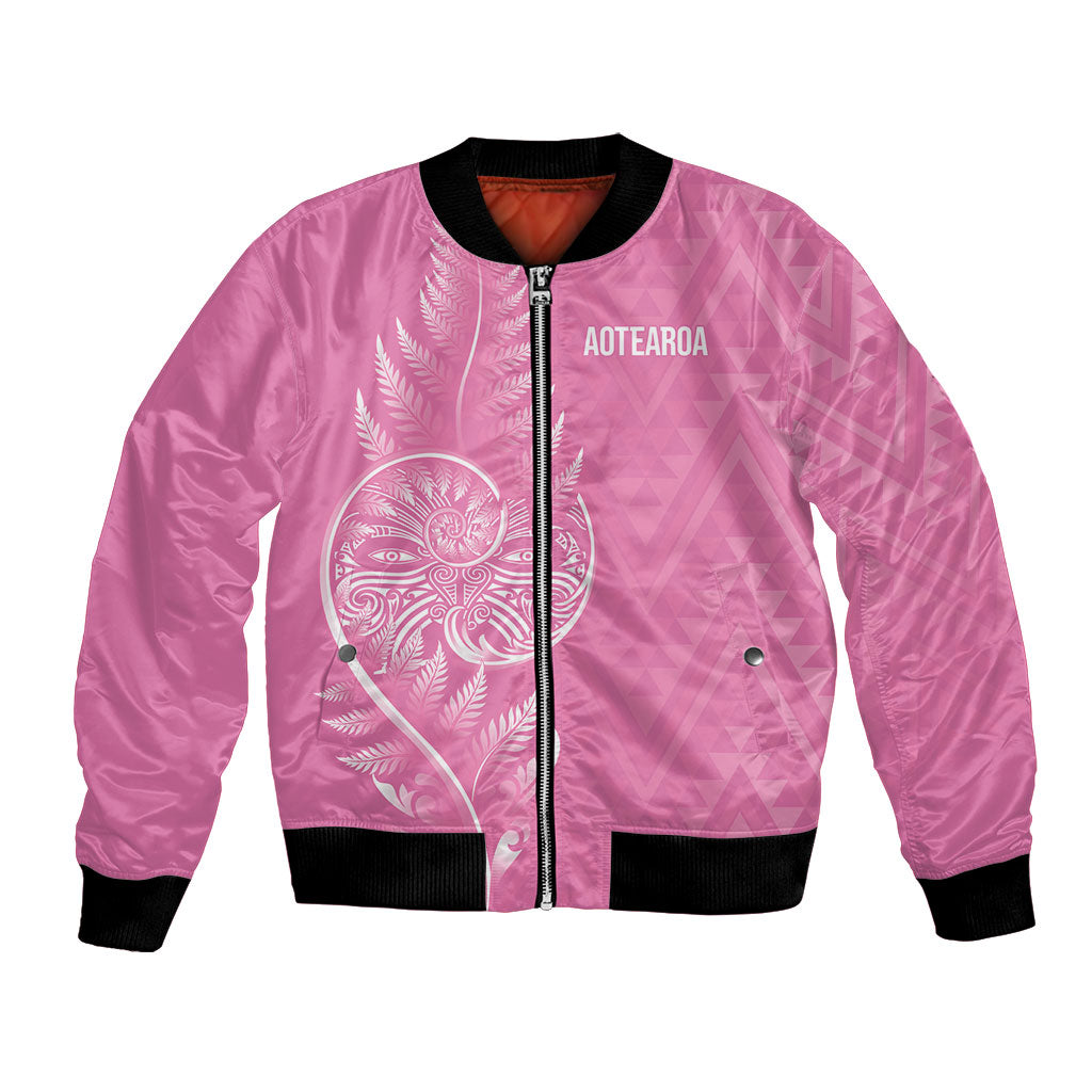 New Zealand Ta Moko Silver Fern Pink Bomber Jacket Taniko Taniwha Motifs