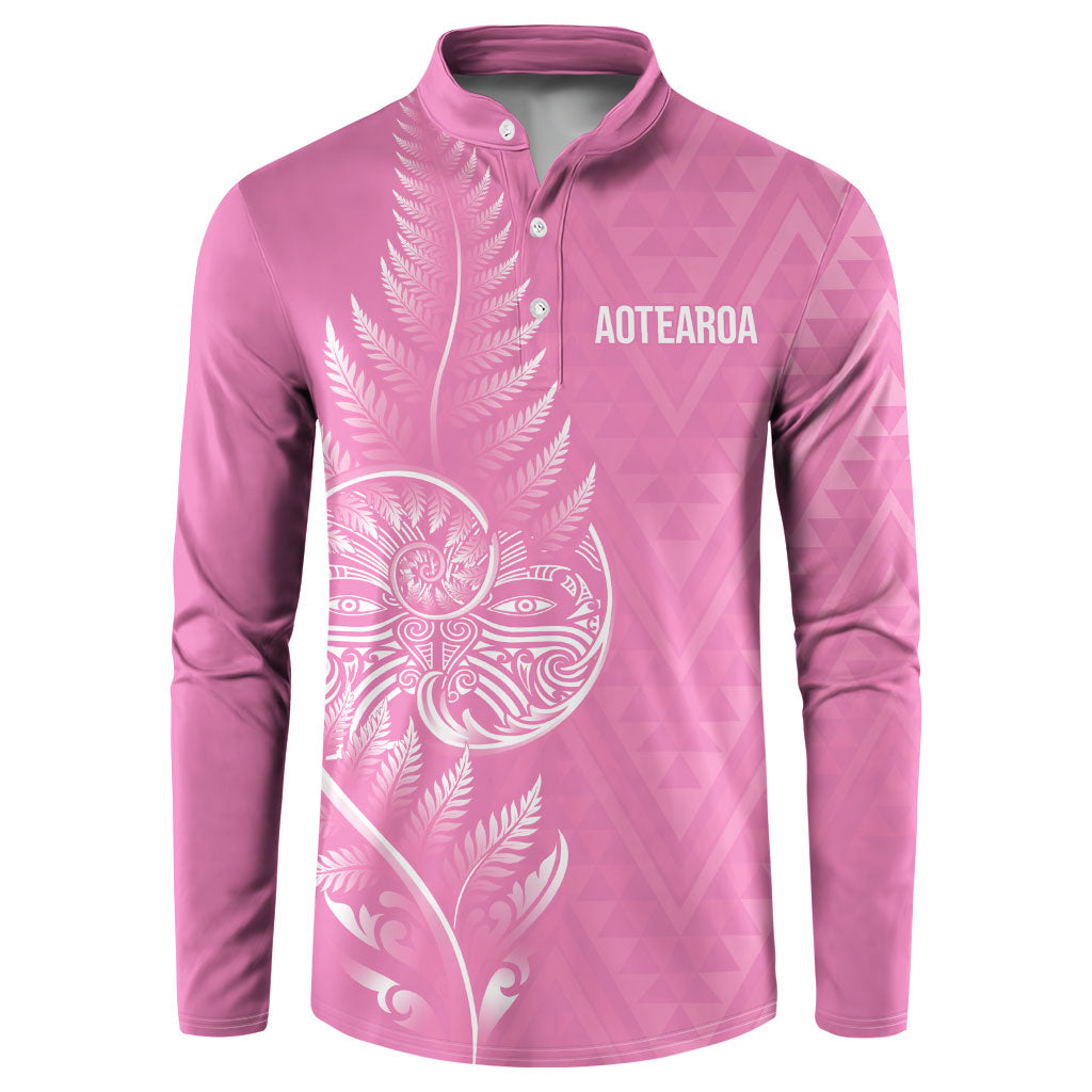 New Zealand Ta Moko Silver Fern Pink Button Sweatshirt Taniko Taniwha Motifs