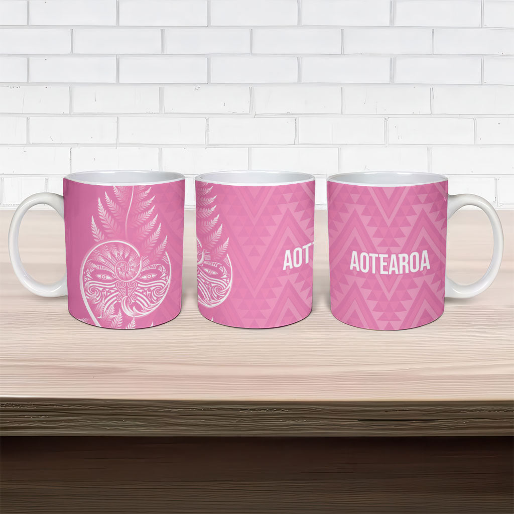 New Zealand Ta Moko Silver Fern Pink Ceramic Mug Taniko Taniwha Motifs