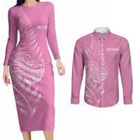 New Zealand Ta Moko Silver Fern Pink Couples Matching Long Sleeve Bodycon Dress and Long Sleeve Button Shirt Taniko Taniwha Motifs