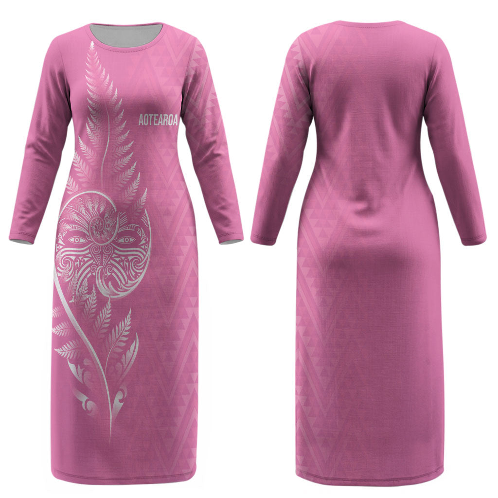 New Zealand Ta Moko Silver Fern Pink Couples Matching Long Sleeve Bodycon Dress and Long Sleeve Button Shirt Taniko Taniwha Motifs