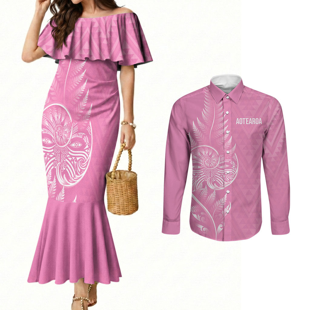 New Zealand Ta Moko Silver Fern Pink Couples Matching Mermaid Dress and Long Sleeve Button Shirt Taniko Taniwha Motifs