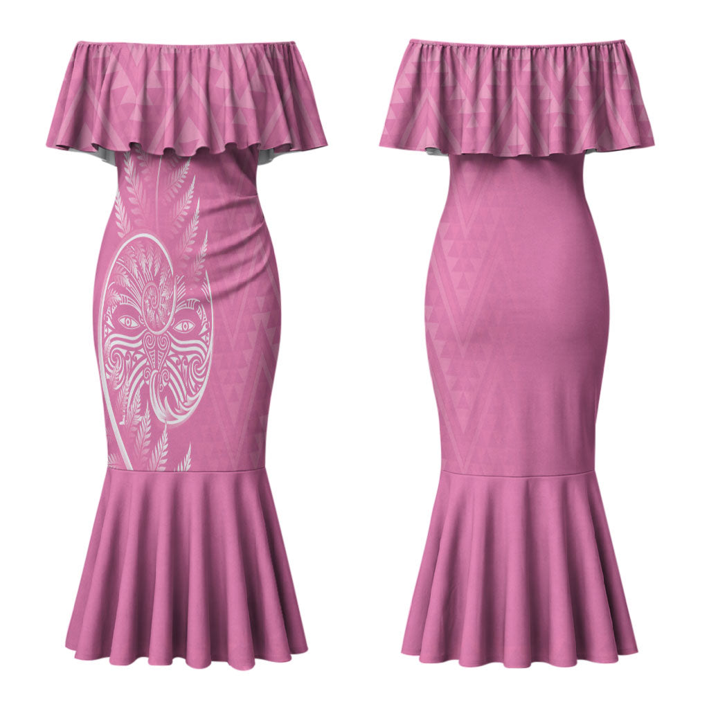 New Zealand Ta Moko Silver Fern Pink Couples Matching Mermaid Dress and Long Sleeve Button Shirt Taniko Taniwha Motifs