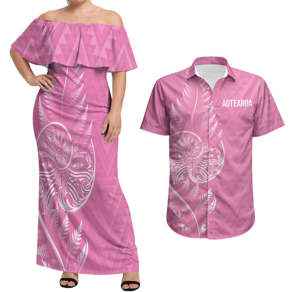 New Zealand Ta Moko Silver Fern Pink Couples Matching Off Shoulder Maxi Dress and Hawaiian Shirt Taniko Taniwha Motifs