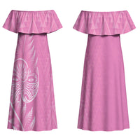 New Zealand Ta Moko Silver Fern Pink Couples Matching Off Shoulder Maxi Dress and Hawaiian Shirt Taniko Taniwha Motifs