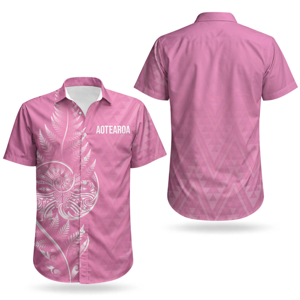 New Zealand Ta Moko Silver Fern Pink Couples Matching Off Shoulder Short Dress and Hawaiian Shirt Taniko Taniwha Motifs
