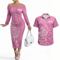 New Zealand Ta Moko Silver Fern Pink Couples Matching Off The Shoulder Long Sleeve Dress and Hawaiian Shirt Taniko Taniwha Motifs