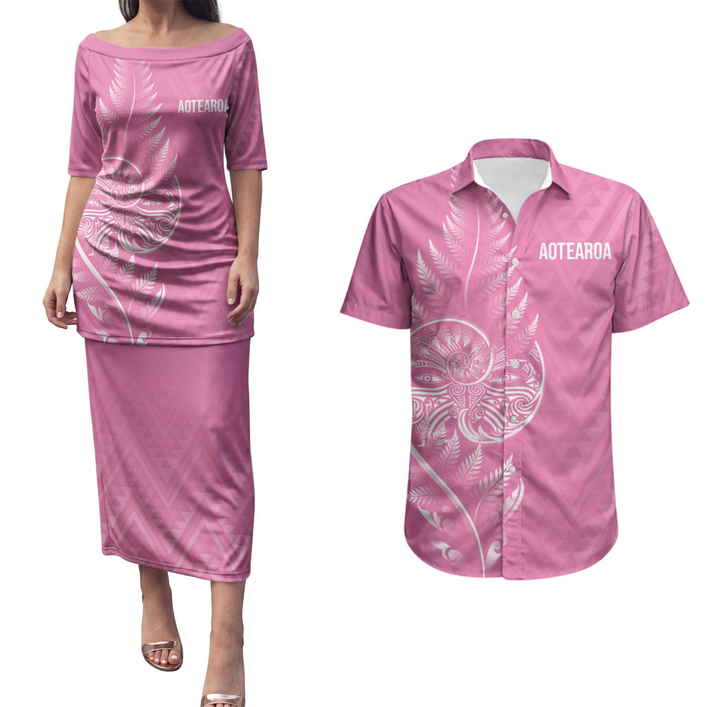 New Zealand Ta Moko Silver Fern Pink Couples Matching Puletasi and Hawaiian Shirt Taniko Taniwha Motifs
