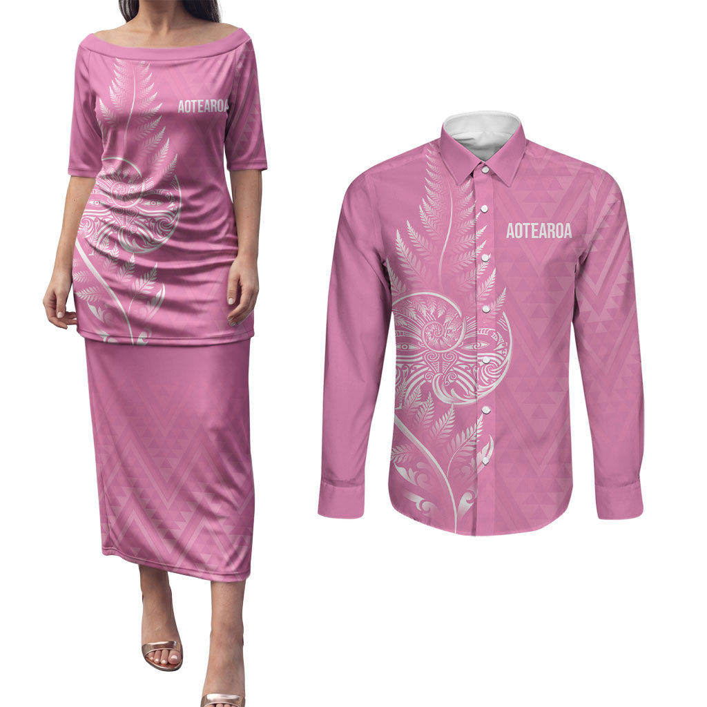 New Zealand Ta Moko Silver Fern Pink Couples Matching Puletasi and Long Sleeve Button Shirt Taniko Taniwha Motifs