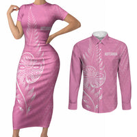 New Zealand Ta Moko Silver Fern Pink Couples Matching Short Sleeve Bodycon Dress and Long Sleeve Button Shirt Taniko Taniwha Motifs