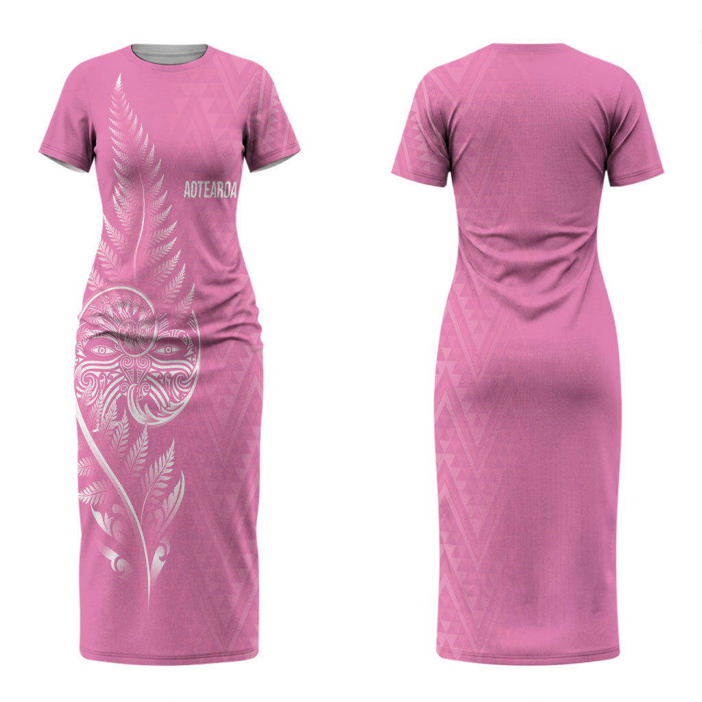 New Zealand Ta Moko Silver Fern Pink Couples Matching Short Sleeve Bodycon Dress and Long Sleeve Button Shirt Taniko Taniwha Motifs